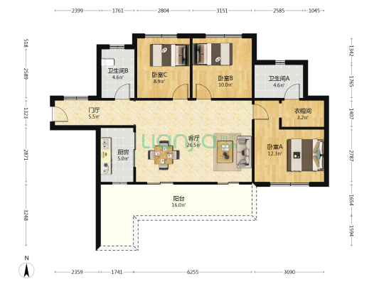 朗悦府宸园 3室1厅2卫 122平方