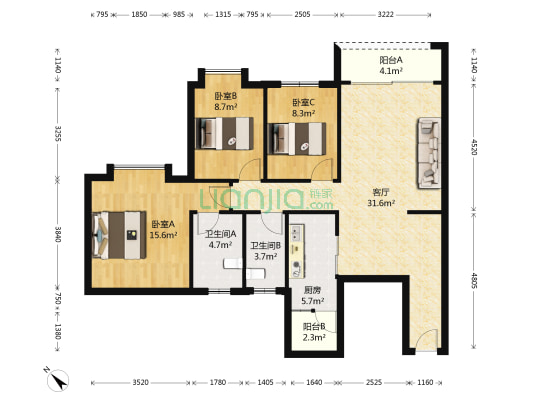 丽南名都 3室1厅2卫 101平方