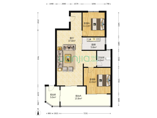 三江国际花园 2室1厅1卫 113平方