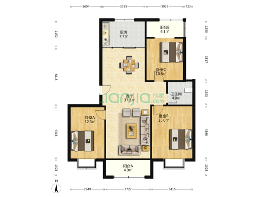 龙泉花园三期 3室1厅1卫 127平方