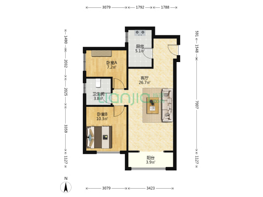 首钢·柒里风华 2室1厅1卫 83平方