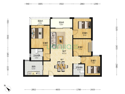 华润建发湖畔润璟 4室1厅2卫 117平方
