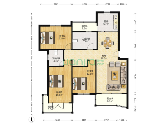 天山雅苑 3室1厅2卫 126平方