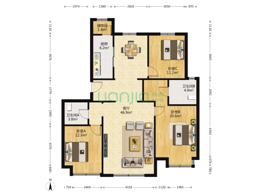亿利国际生态岛 3室1厅2卫 135平方