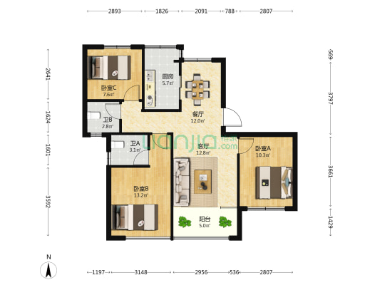 杭宁府 3室2厅2卫 100平方