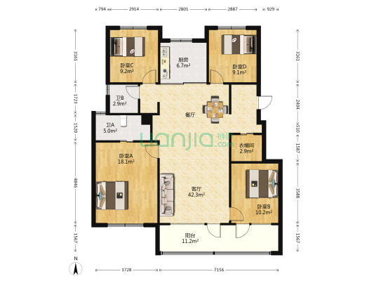 万科城 4室1厅2卫 140平方