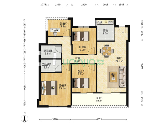 时代东宸上品 4室1厅2卫 120平方