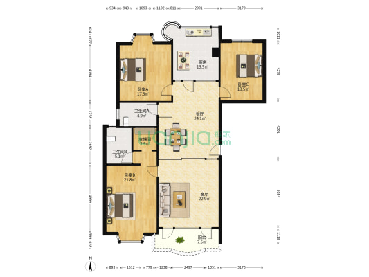湖畔豪庭 3室2厅2卫 161平方