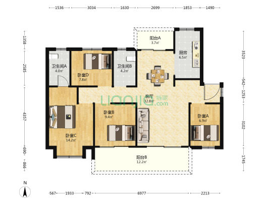 长沙北中心保利时代J区 4室1厅2卫 133平方