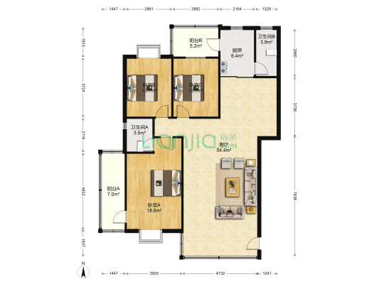东城花园 3室1厅2卫 135平方