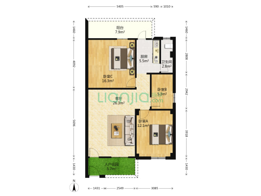 海口新村 3室1厅1卫 91平方