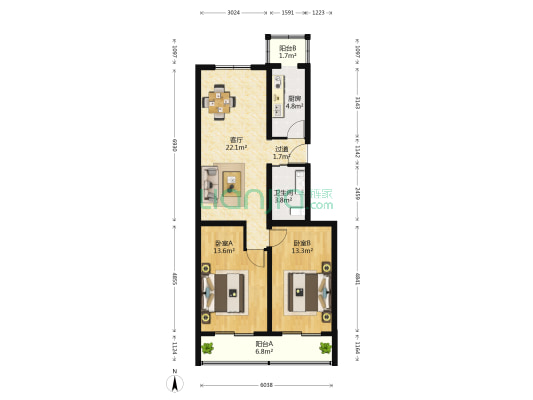 金海街36号院 2室1厅1卫 86平方