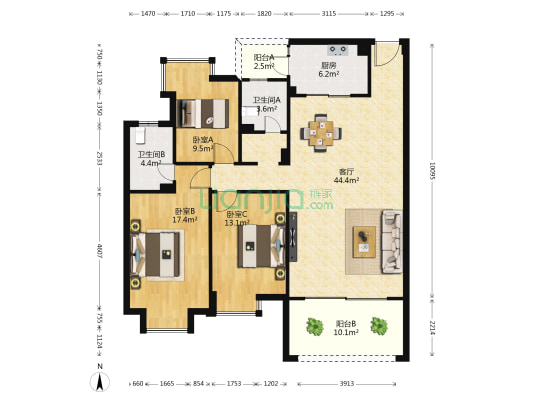 南河公寓 3室1厅2卫 129平方