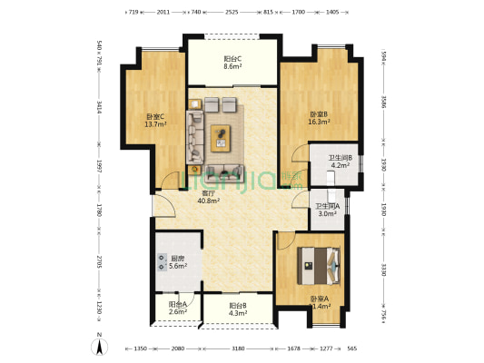 北大资源悦来玖仰 3室1厅2卫 120平方