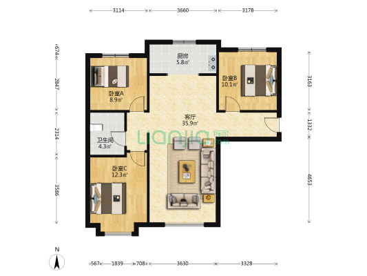 高铁新干线 环境好 采光好 视野好 南北通透3居室居-户型图