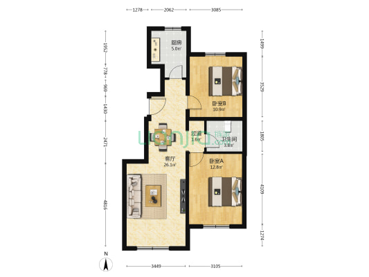 仁悦居8号院 2室1厅1卫 87平方