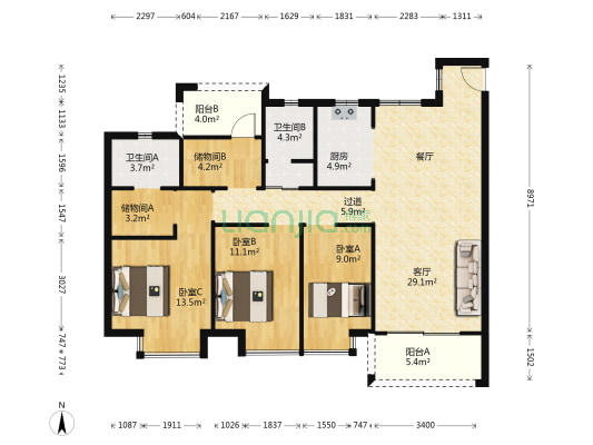 龙津广场A区 3室1厅2卫 128平方