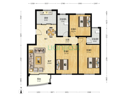 香花苑 3室1厅2卫 123平方