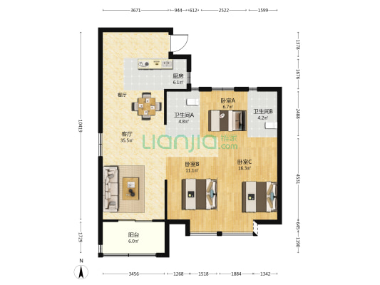 中发首府一期 3室1厅2卫 110平方