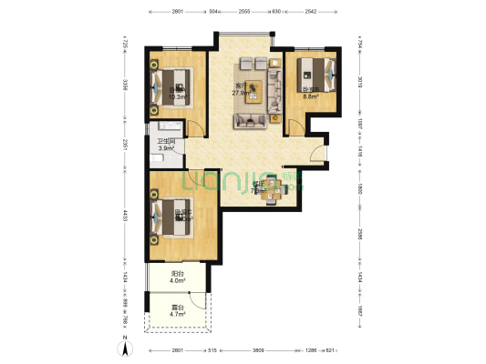 阿尔卡迪亚B区 3室2厅1卫 100平方