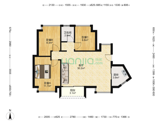 富通旗峰公馆 3室1厅1卫 90平方