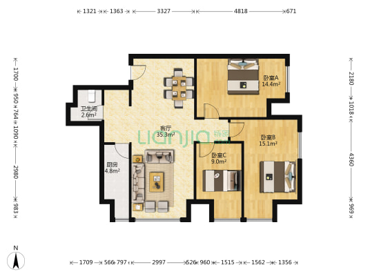 K2狮子城银河湾公寓 3室1厅1卫 117平方
