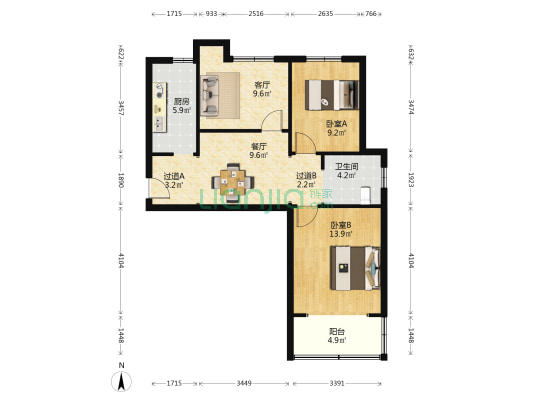 东璟家园B区 2室2厅1卫 91平方