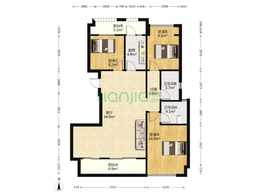 中洲半岛城邦 3室1厅2卫 115平方