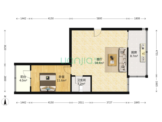 苗圃花苑西区 1室1厅1卫 74平方