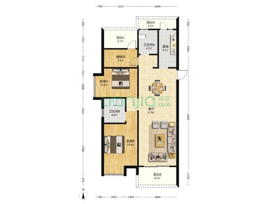 万霖尚城 2室1厅2卫 48平方