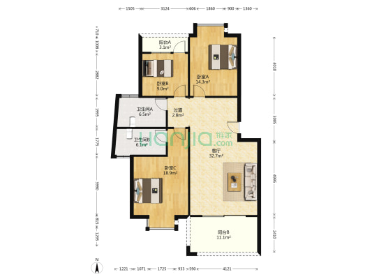 龙锦新园 3室1厅2卫 194平方