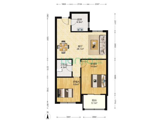 奥克斯广场 2室1厅1卫 91平方