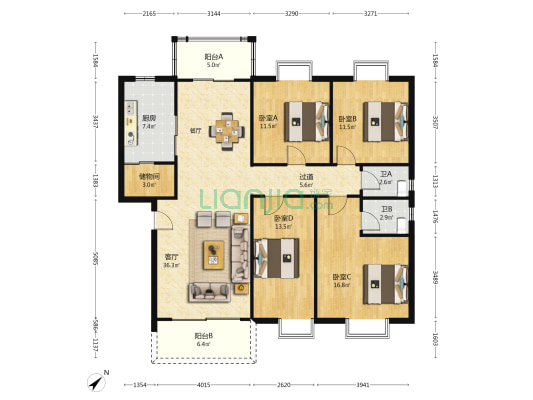 二处小区 4室1厅2卫 146平方