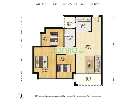 德洲城五期 3室1厅1卫 88平方