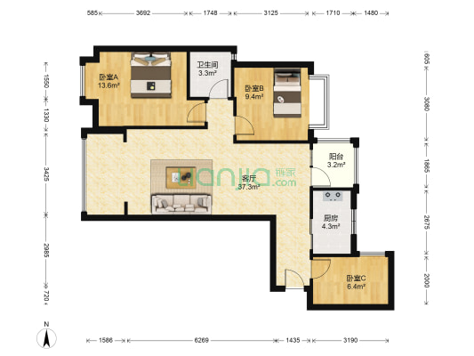 通瑞月光湖 3室1厅1卫 88平方