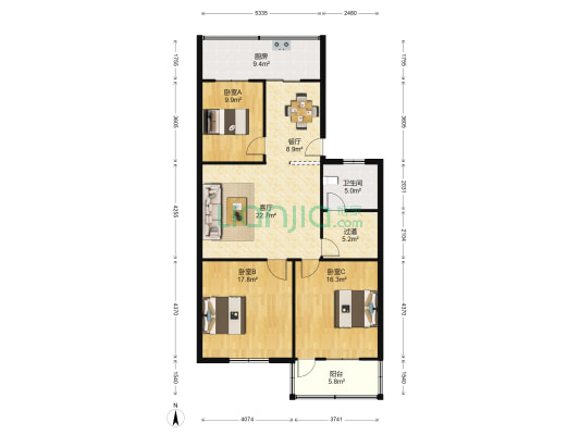 振兴街小区 3室2厅1卫 127平方