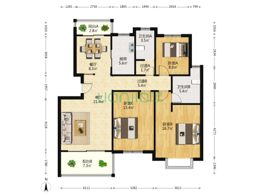 金盛花园 3室2厅2卫 119平方