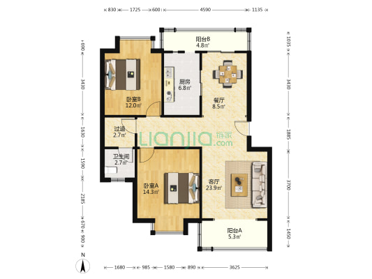 天意洲 2室2厅1卫 92平方