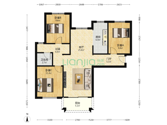 国瑞生态城雅仕苑 3室1厅1卫 109平方