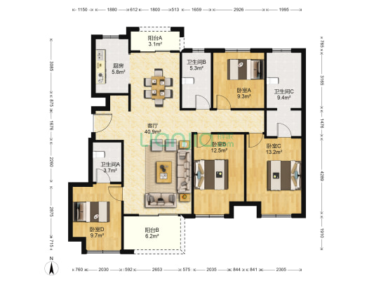 正弘棠语苑 4室1厅3卫 141平方