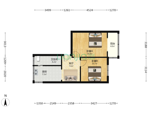 二环路北四段5号 2室1厅1卫 55平方