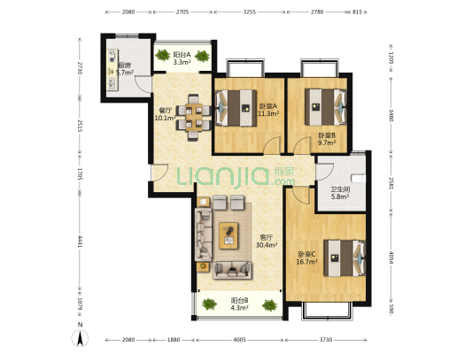 龙湖湾 3室2厅1卫 119平方