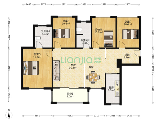 世茂外滩里 4室1厅2卫 141平方