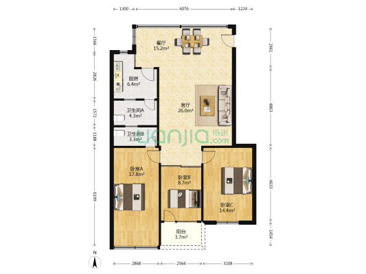 海南省电子工业总公司宿舍 3室2厅2卫 125平方