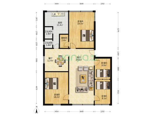 省府住宅北区 4室2厅2卫 107平方