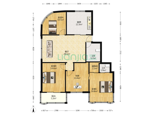 新世纪花园东区 4室1厅2卫 133平方