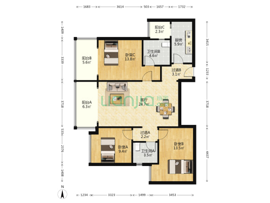 铂景台 3室1厅2卫 118平方