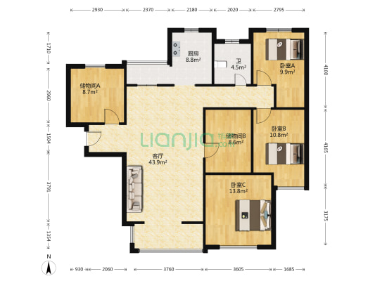 万达广场B区 3室1厅1卫 141平方