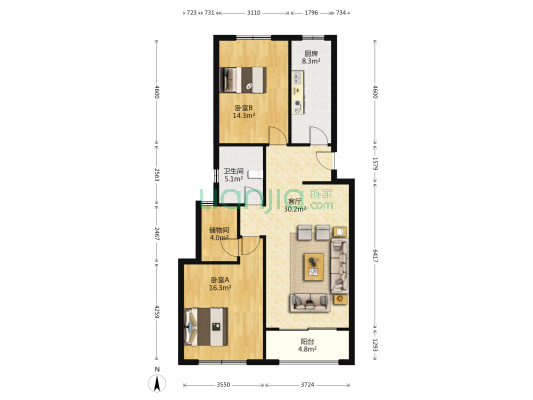 中央美墅 2室1厅1卫 97平方