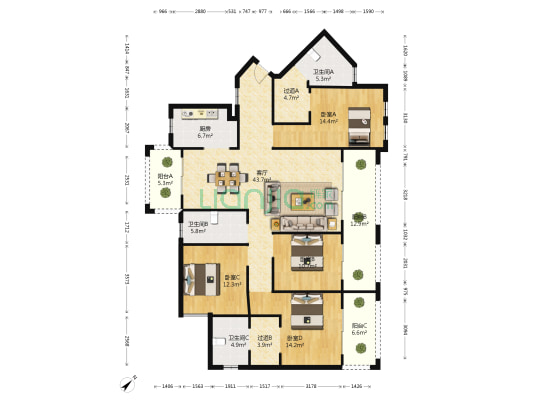 七彩云南第壹城 4室1厅3卫 176平方
